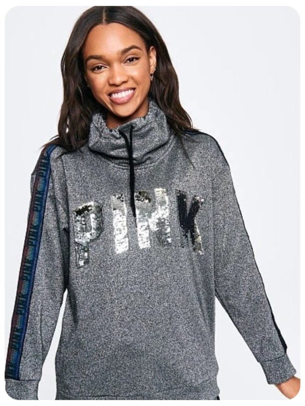 * Victoria’s Secret PINK Silver Rainbow Sequin Bling Cowl Neck Sweater Jacket L